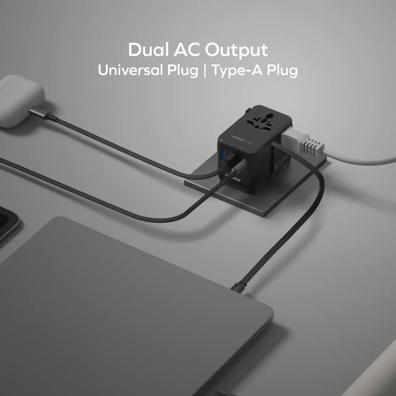 Momax UA30 1 World²⁺ 70W 3 Port Dual AC Travel Adapter with Built In Retractable Cable 4
